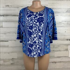 Bob Mackie Mix Floral Print Dolman Sleeve Knit Top Size Medium Blue Art To Wear